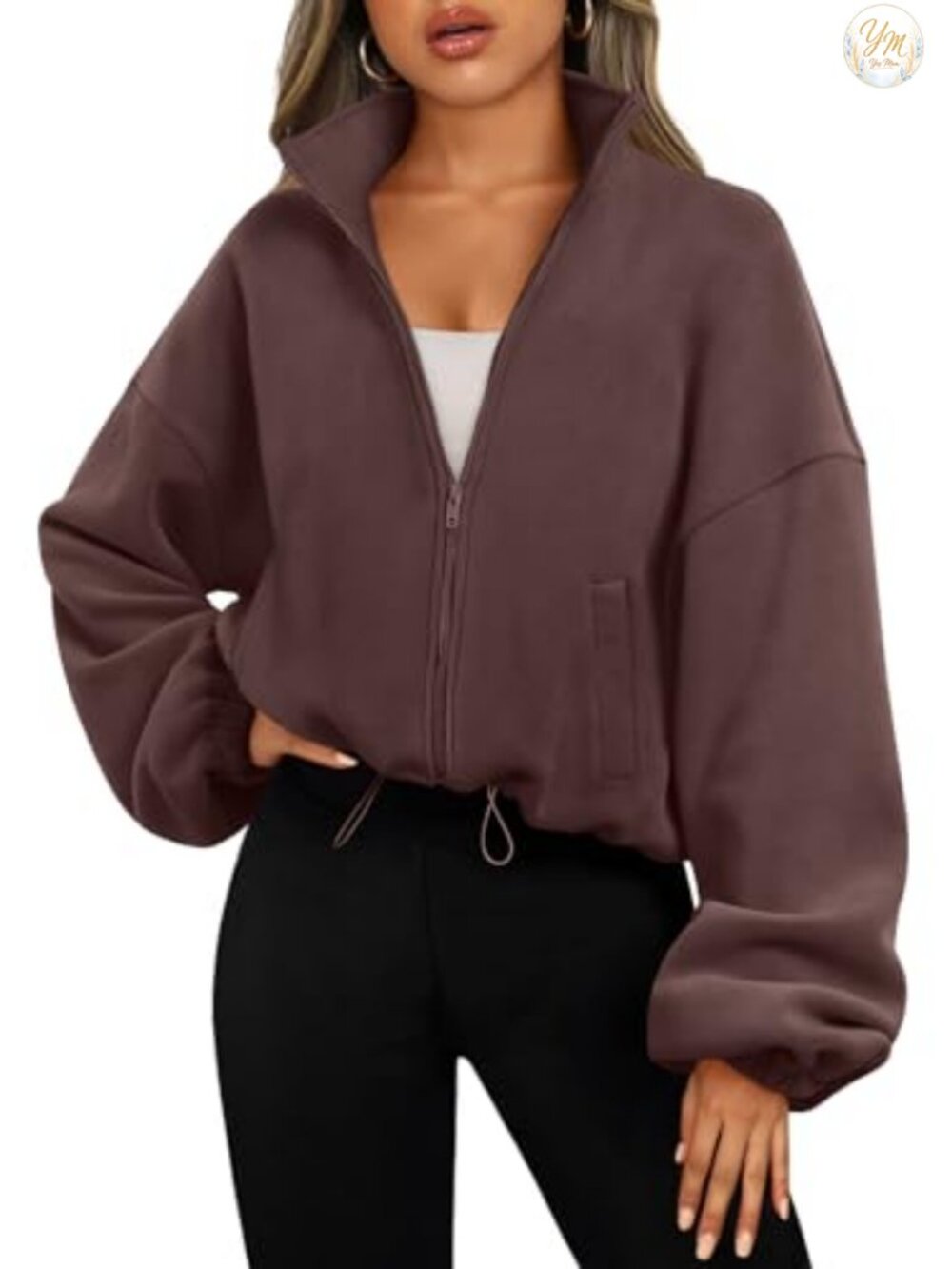Full Zip Oversized Cropped Fleece Jacket 100% Polyester
